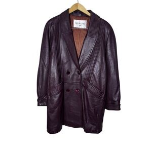 Della Citta Italy Double Breasted Burgundy Leather Coat Size Large Flawed